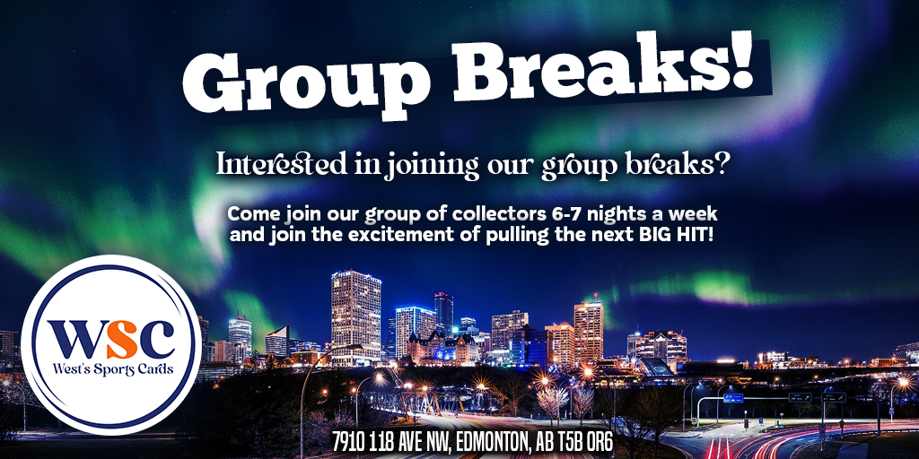 Discover Group Breaks at West's Sports Cards (WSC) - your go to store for Sports, Trading, and Gaming Cards. Shop Hockey, Baseball, Basketball, Football and Pokemon. Local in Edmonton, find the cheapest sales, deals, discounts, and lowest prices on Connor McDavid, Wayne Gretzky, rookie, hobby, retail boxes and more.